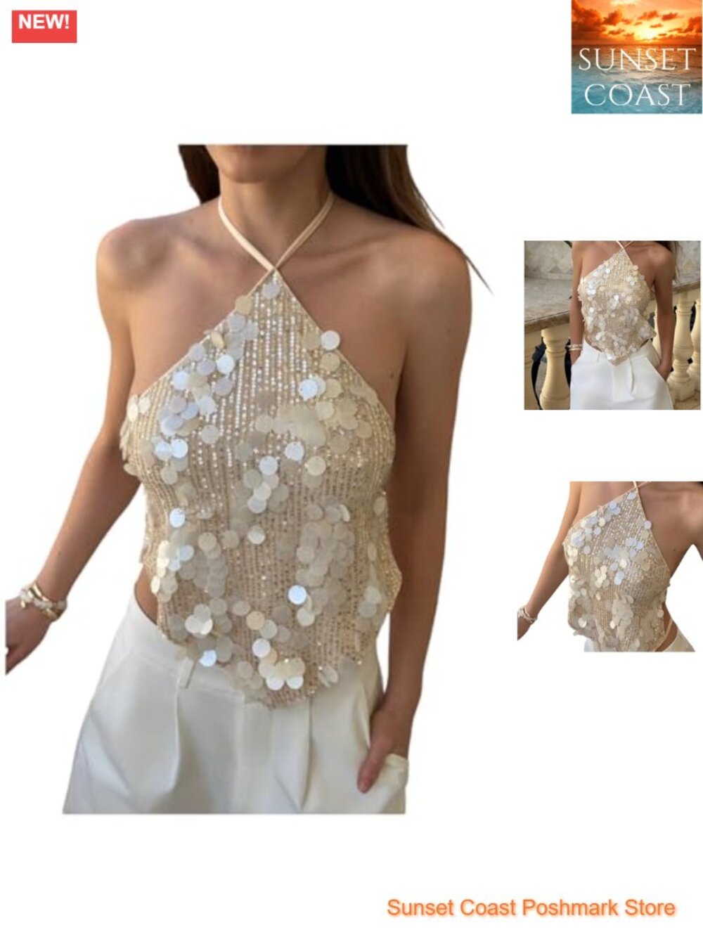 Sequin Halter Tank Top Open Back Self Tie Apricot